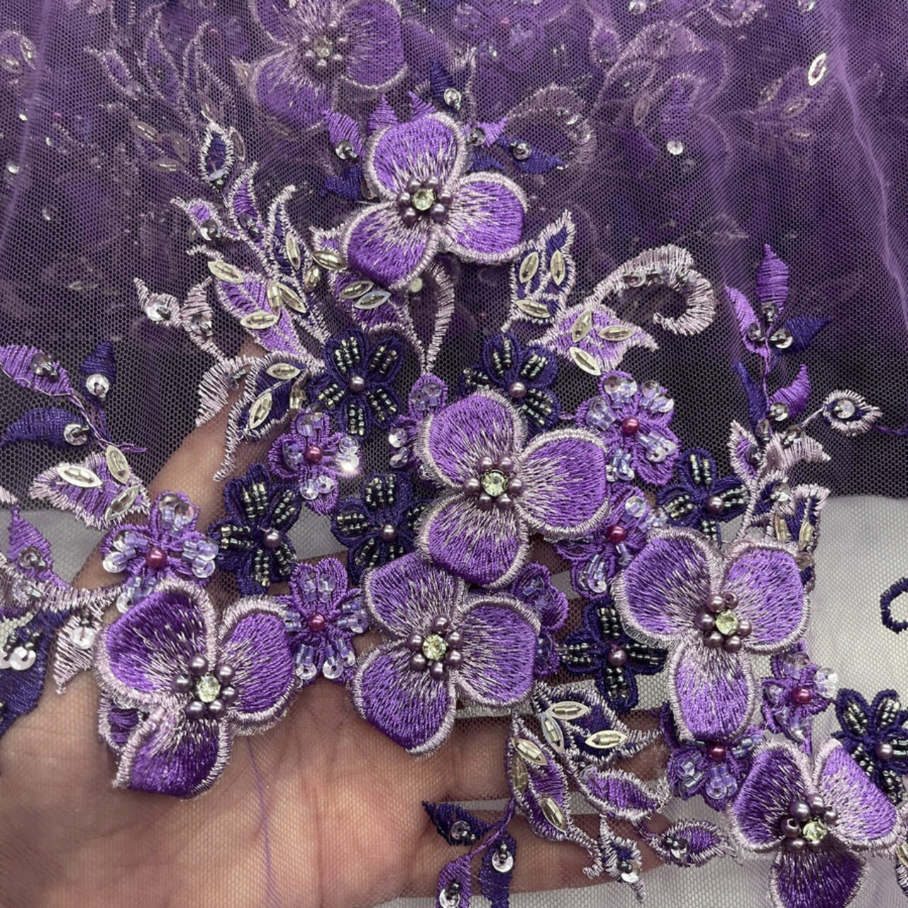 1 Yard 3D Beaded Floral Lace Fabric with Rhinestones – Embroidered Mesh with Scalloped Edges